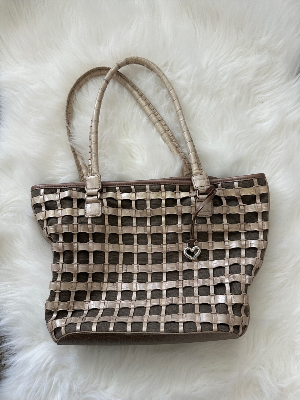 Brighton Beige and Brown Woven Tote with Heart Charm